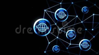 服务器数据空间与地球图标浮动。 互联网连接结构。 国际交流。 商业概念。 多边形